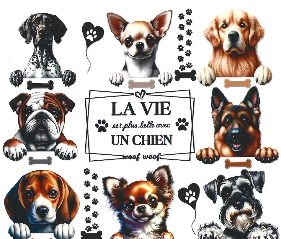 Wrap UV DTF en français personnalisé pour tumbler 20 oz – prêt à offrir motif chien