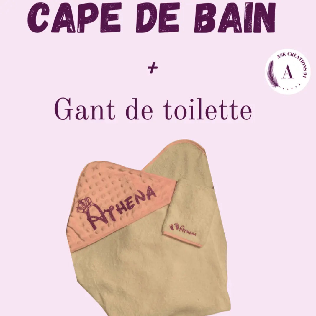 CAPE de bain MINKY + Gant de toilette personnalisable pour bébé - ASK créations 91