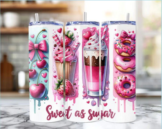 Tumbler Sweet as Sugar – 20 oz, motif gourmand avec donuts, cerises et milkshake