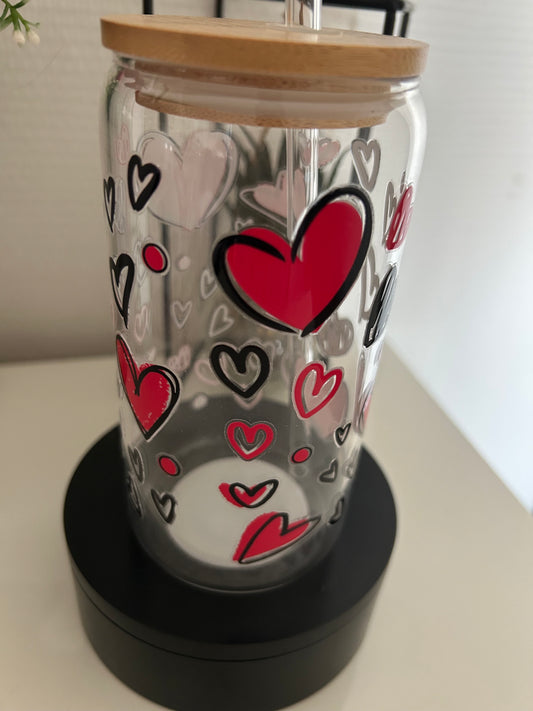 Verre canette en verre 16 oz avec wrap cœurs rouges et noirs à choisir catégorie wrap 16 oz amour