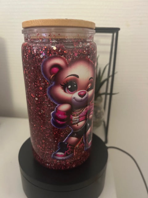 Verre canette snow globe paillettes rouges motif ourson streetwear UV DTF personnalisé
